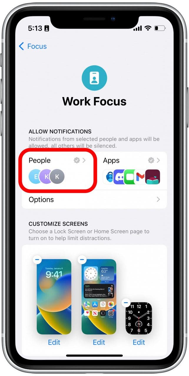 You can also customize how notifications appear in this Focus. Tap People to select which contacts you want to allow notifications from.