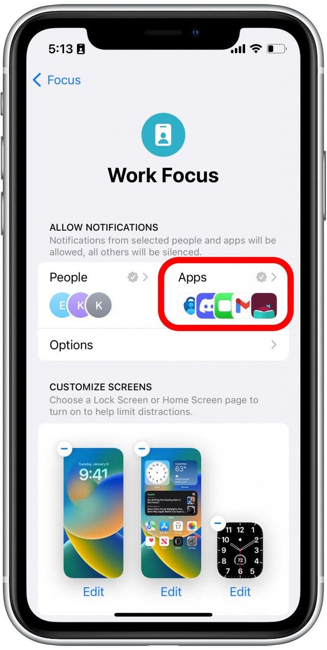 Tap Apps to choose which apps you want to allow notifications from while in this Focus.