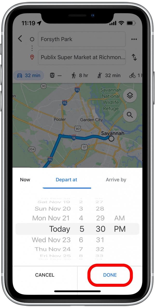 Tap Done, once you’ve set your departure time.