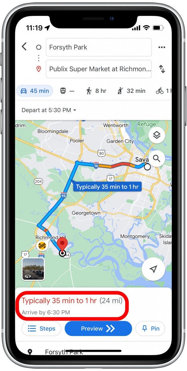 Google Maps will show you the estimated traffic for your trip and what time you will likely arrive.