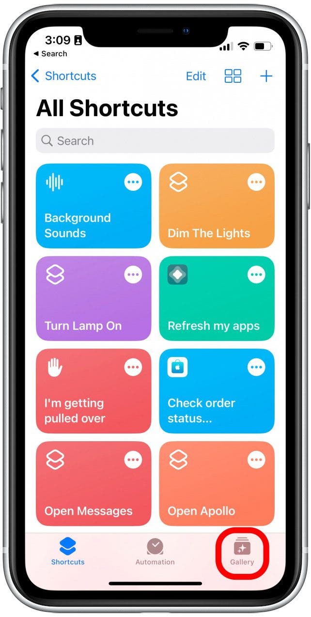 In the Shortcuts app, tap Gallery.