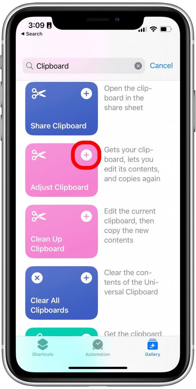 Scroll until you find the shortcut titled Adjust Clipboard. Tap the plus icon to add it to your shortcuts.