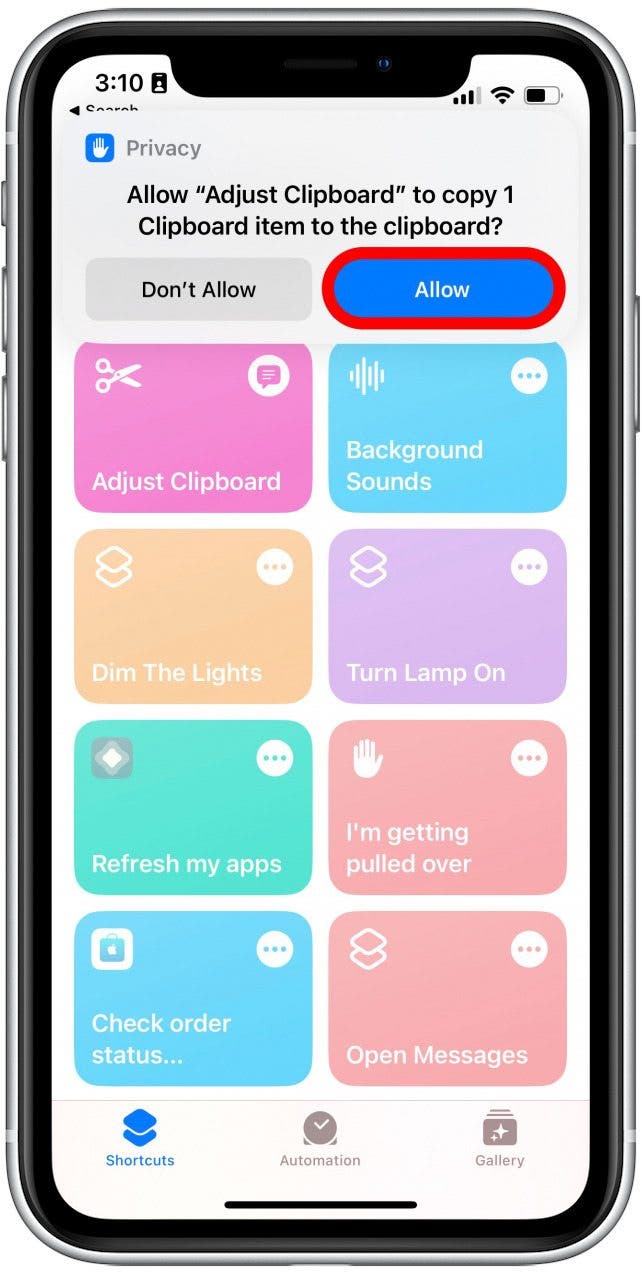 Tap Allow so that the shortcut can save the changes.