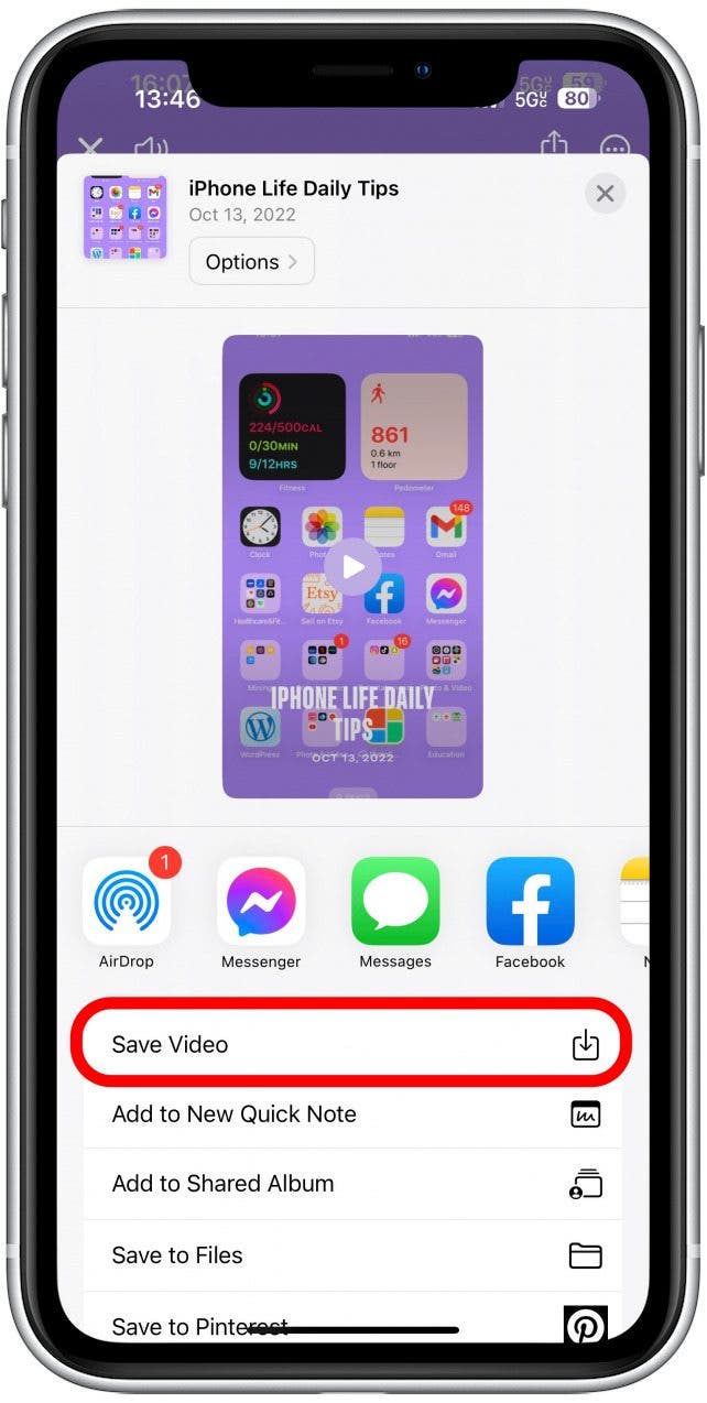 Here you can select Save Video to save it to your photos app, or share it