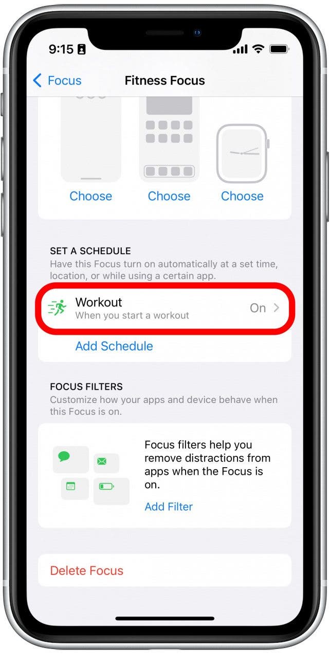 Under Set a Schedule, you’ll see that the Focus is already set to activate automatically when you start a workout.