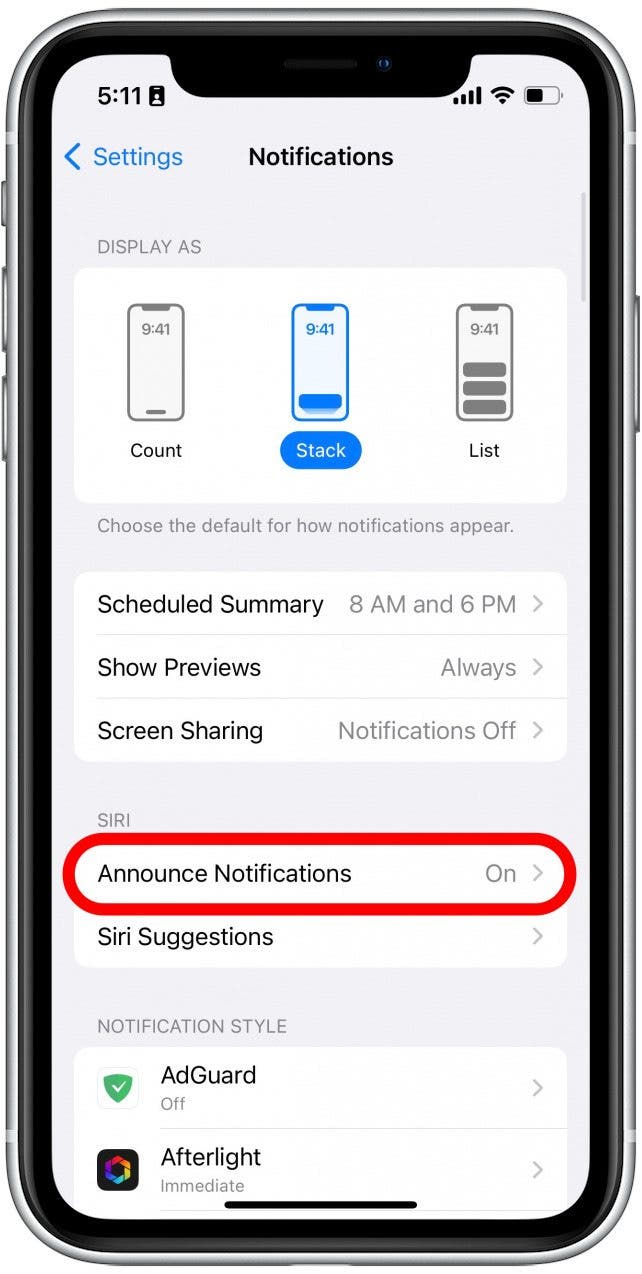 Under SIRI, tap Announce Notifications.
