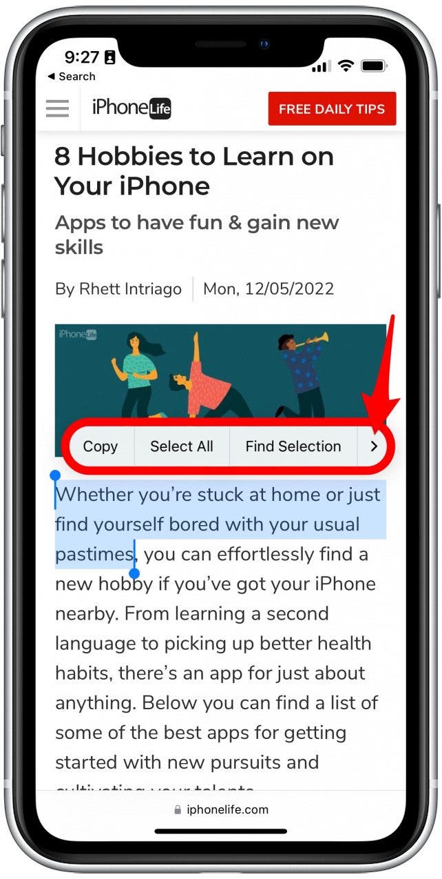 Alternatively, when selecting text, you can tap the small arrow button on the far right of the copy/paste menu until you see Share.