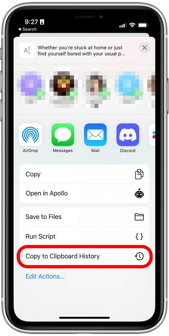 Tap Copy to Clipboard History to copy the selected text to the Paste app.