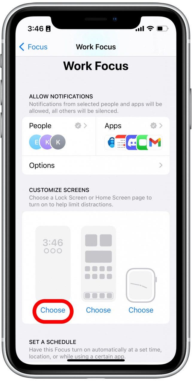 Tap Choose under the Home Screen to customize how your Home Screen appears in this Focus.