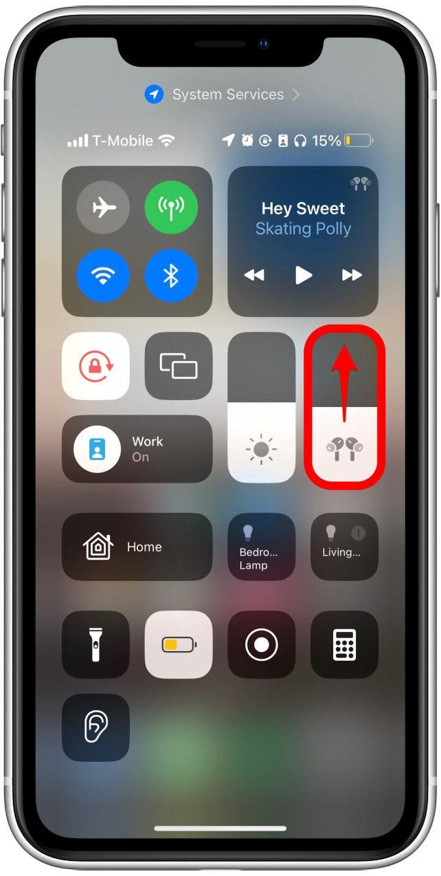 The volume slider will show an AirPods icon if your AirPods are connected. You can slide the volume up or down on this screen.