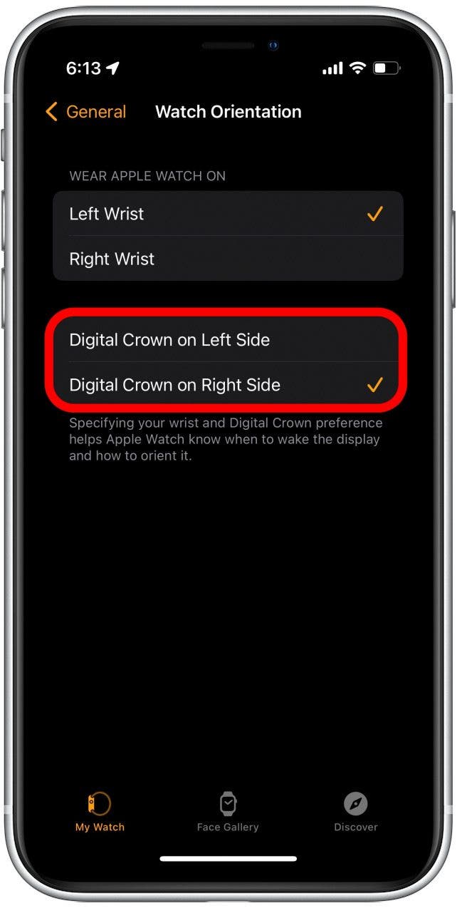 If you have the correct wrist selected and you want to flip your Apple Watch display, there are two options in the bottom section: Digital Crown on Right Side and Digital Crown on Left Side. Choose the side you prefer and then turn your physical watch "upside down" if needed so that the reorientated watch face is facing the right way up.