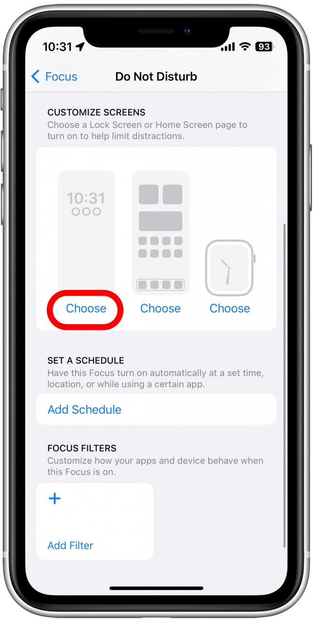 Tap Choose under each screen to choose a Lock Screen, a Home Screen, and (if you have one connected) an Apple Watch Face which will appear when the Focus is active.