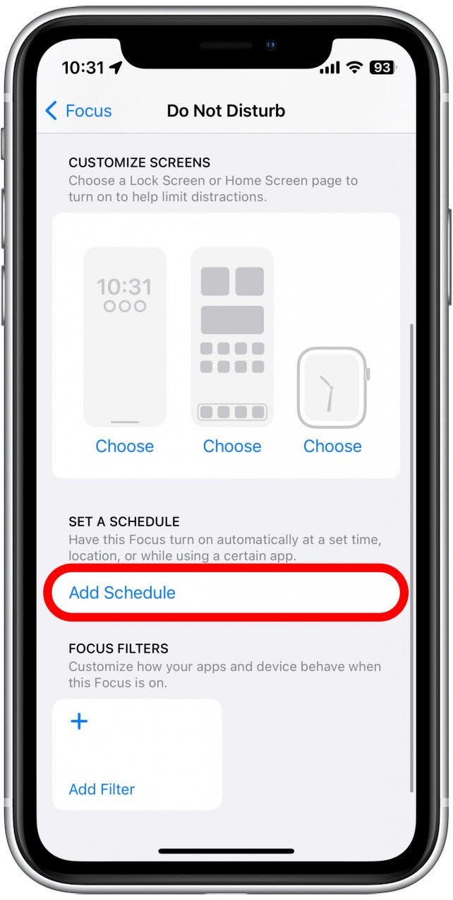 Tap Add Schedule to set up a schedule for when the Focus begins and ends.