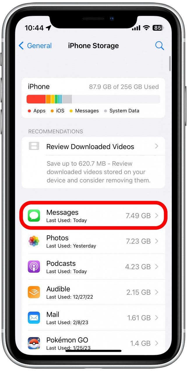 On the iPhone Storage screen, tap the Messages app.