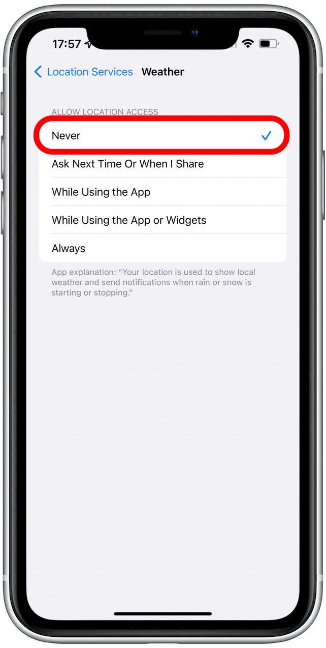 Select Never under Allow Location Access.