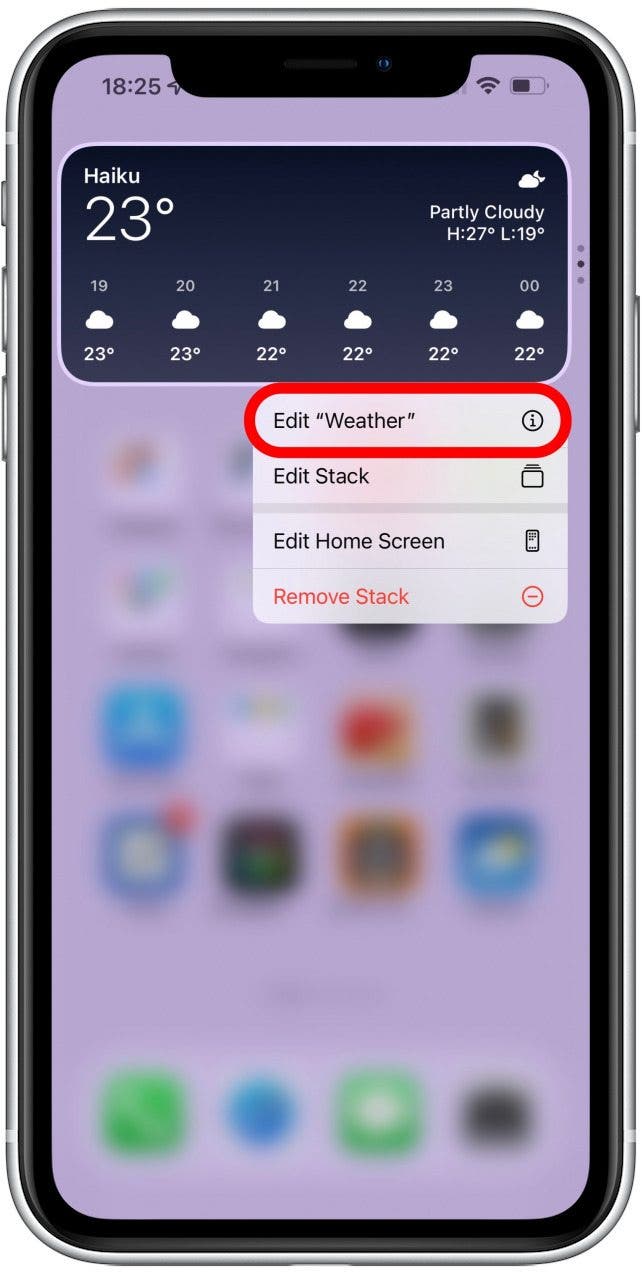 Tap Edit "Weather" in the menu that pops up.