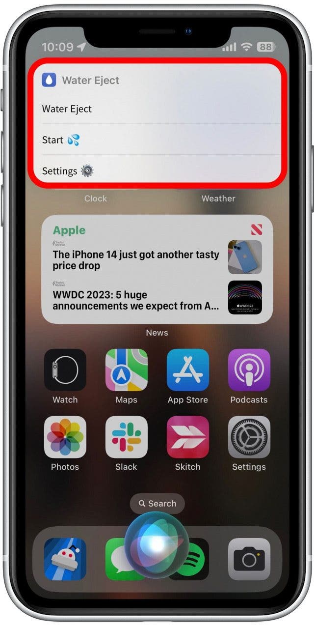 You can also run this shortcut with Siri. Activate Siri either by saying “Hey Siri” or by pressing and holding the side button, then saying, “Water eject.”