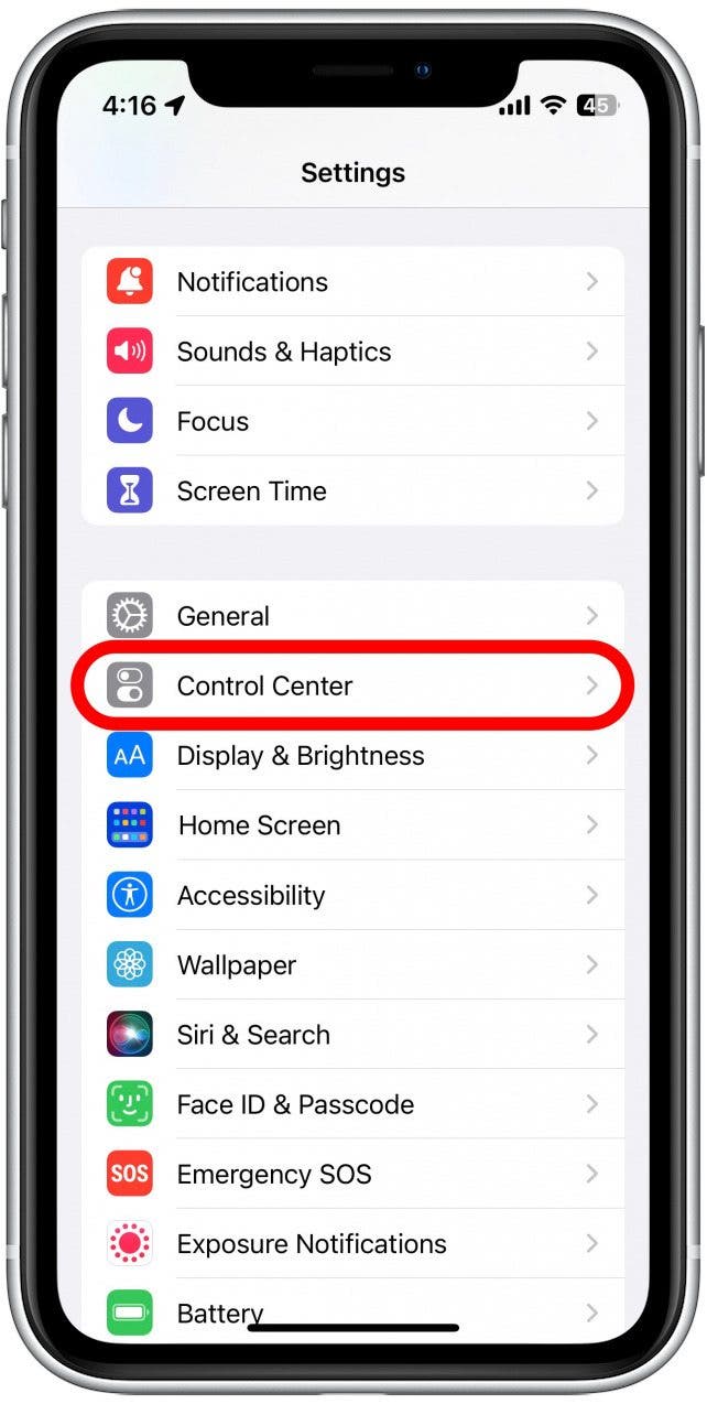 You can also add a Control Center shortcut by going back to your main Settings page and tapping Control Center.