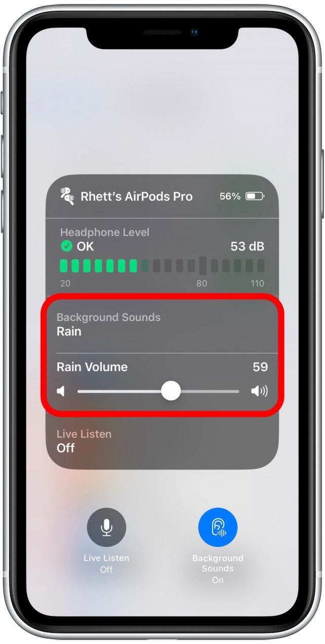 While Background Sounds are active, the controls will expand, allowing you to quickly change the sound that’s playing or adjust the volume of the sound.