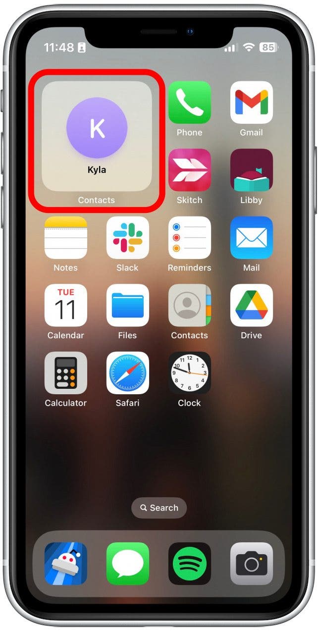 Screenshot of iPhone Home Screen with Contacts Widget outlined