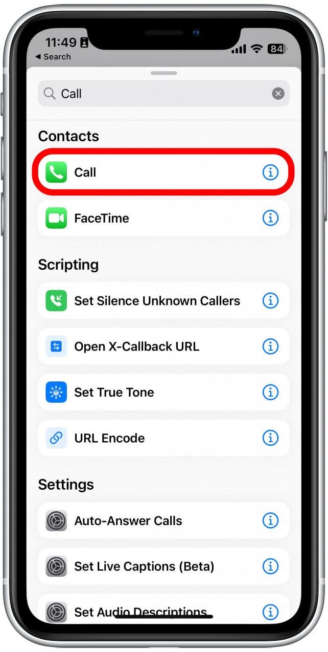 Type Call, and tap the action for Call under Contacts.