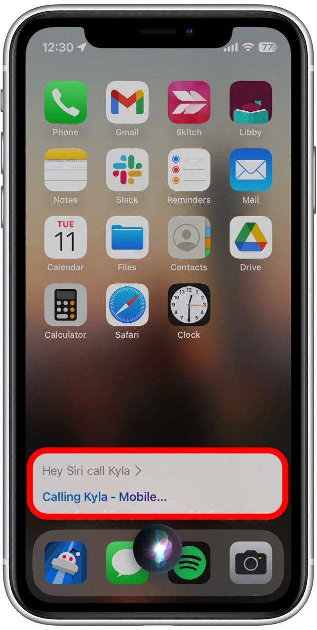 Screenshot of iPhone showing Siri calling a contact