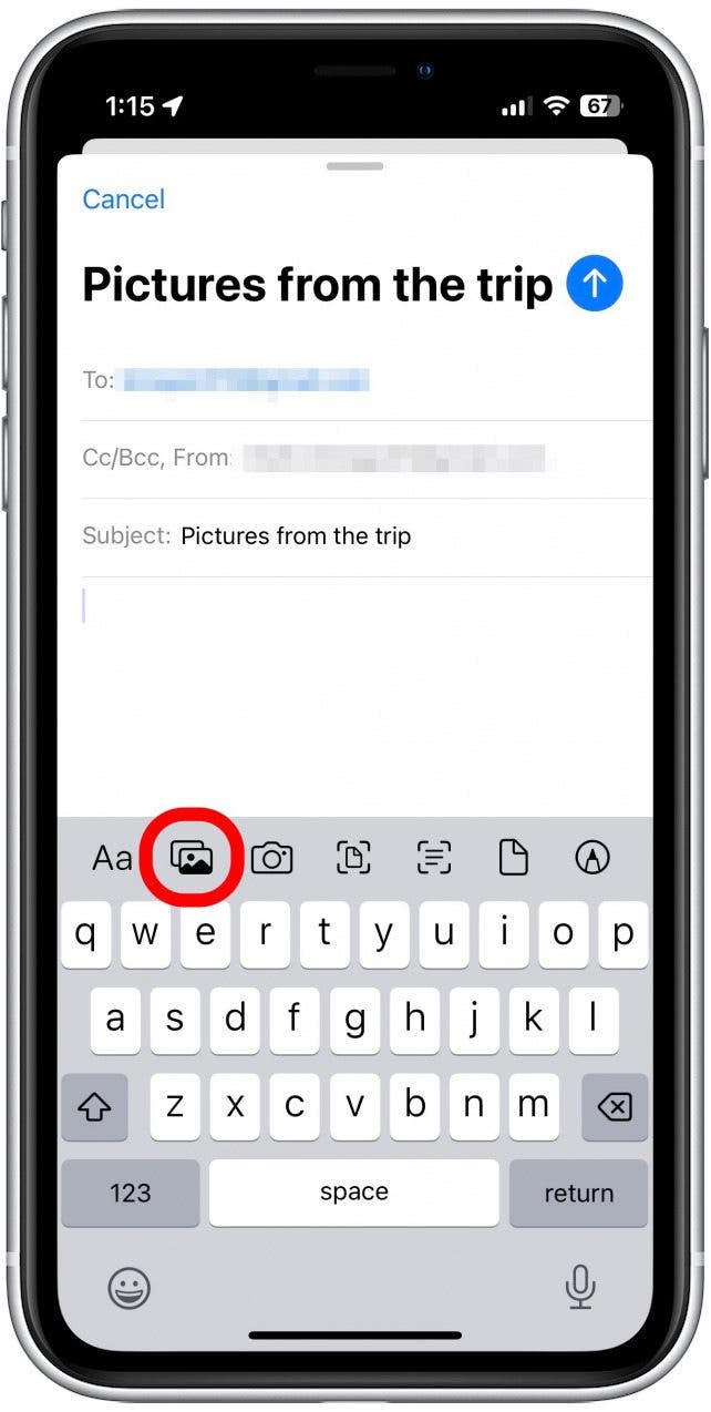 Tap the photos icon to choose photos or videos to attach to your email.