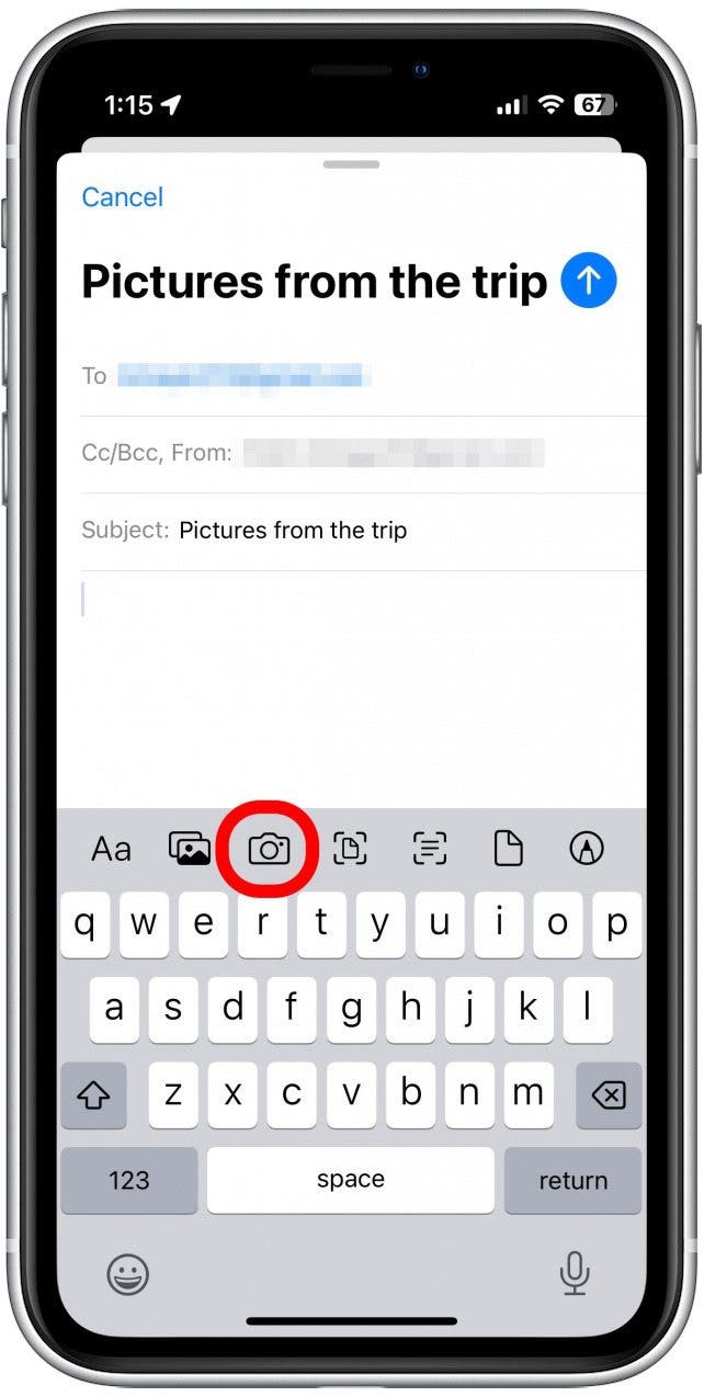 Tap the camera icon to take a new photo or video to attach to your email.