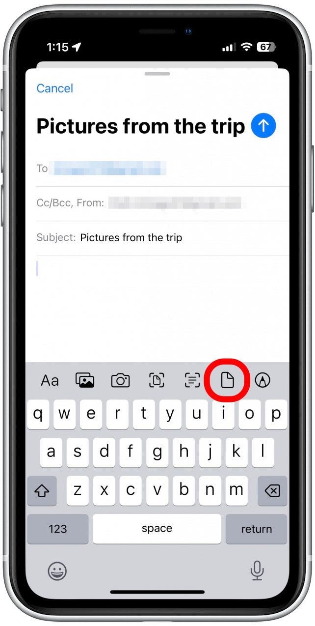 Tap the document icon to attach items from your iCloud drive.