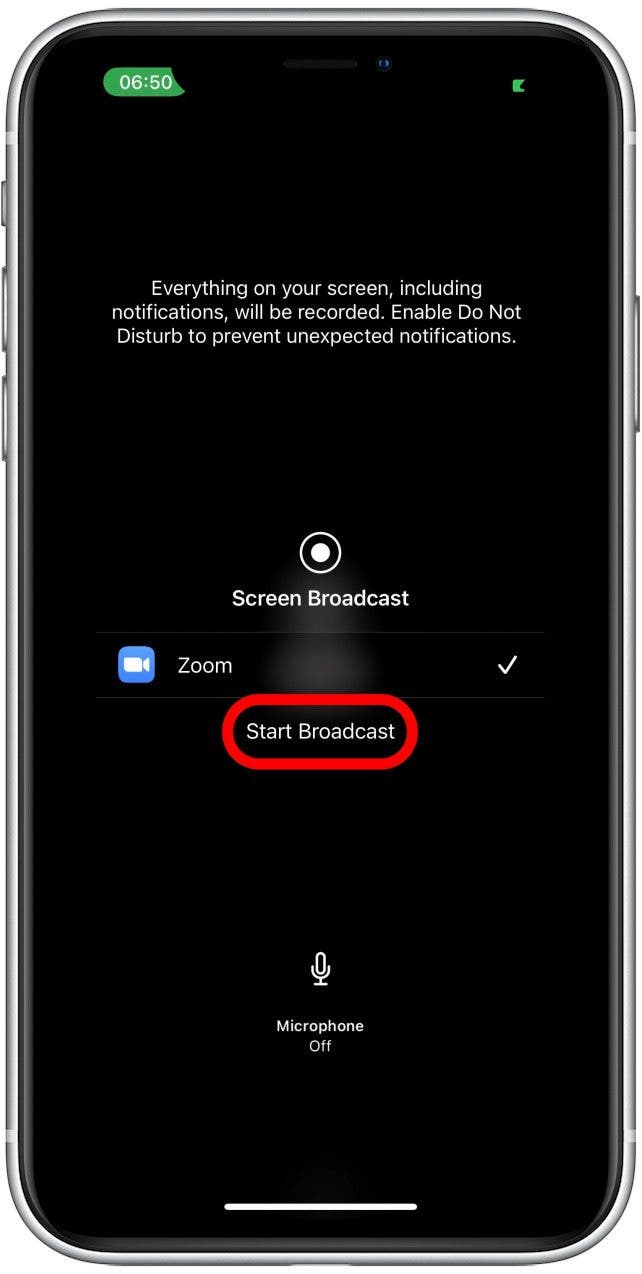 Then tap Start Broadcast - how to share a screen on zoom