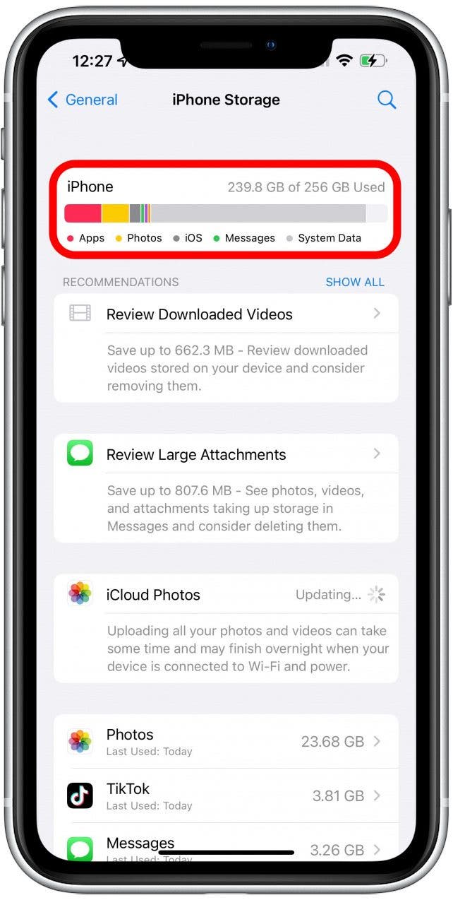 Look at the top bar to see how much of your iPhone Storage you've used.