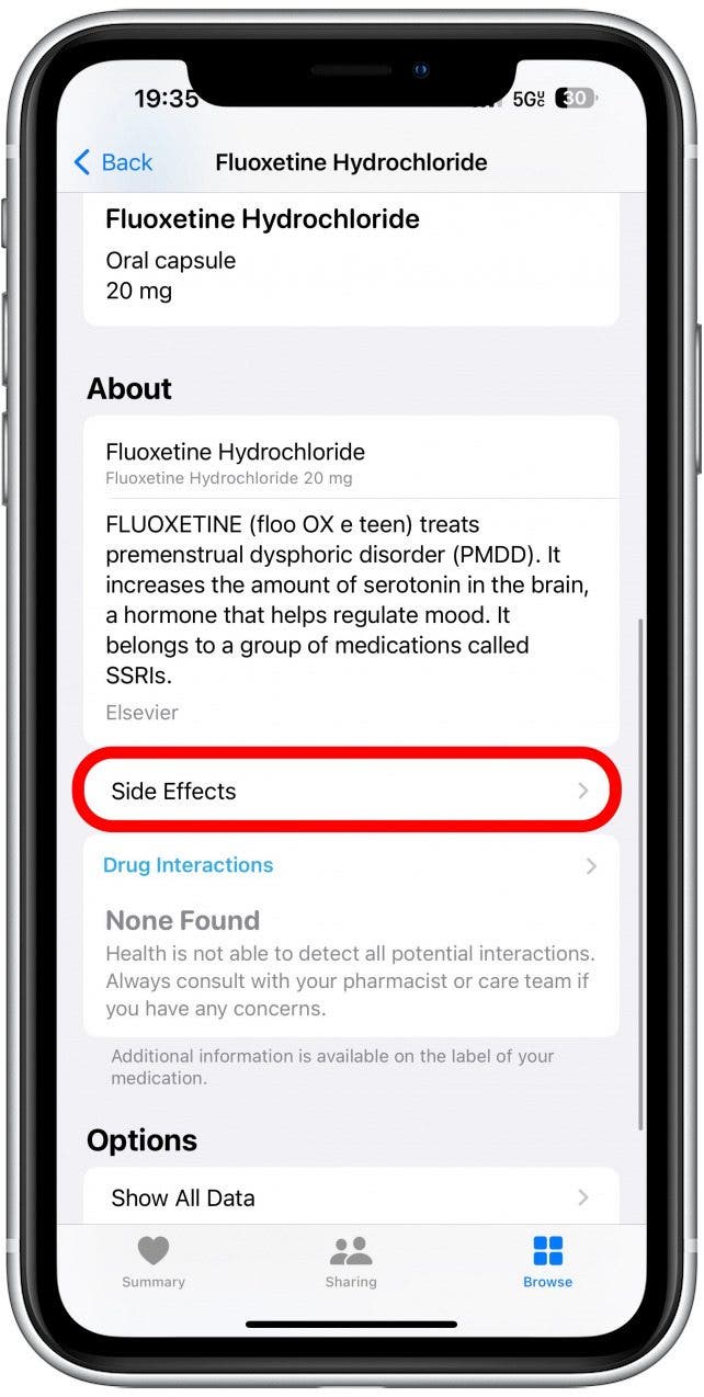 Scroll down. Under About, you'll see some information about the drug. Next, tap Side Effects.
