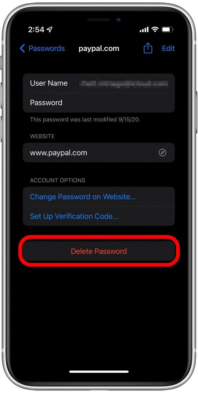 Tap the account you want to remove and tap the red Delete Password text.