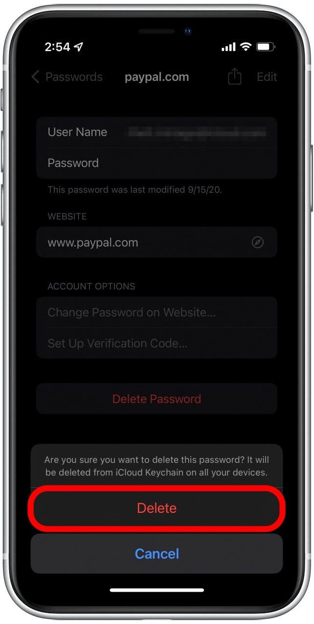 Simply tap Delete to permanently delete the saved password from your iPhone