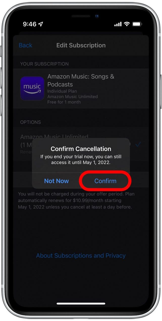 Tap Confirm to cancel your Amazon Music subscription.
