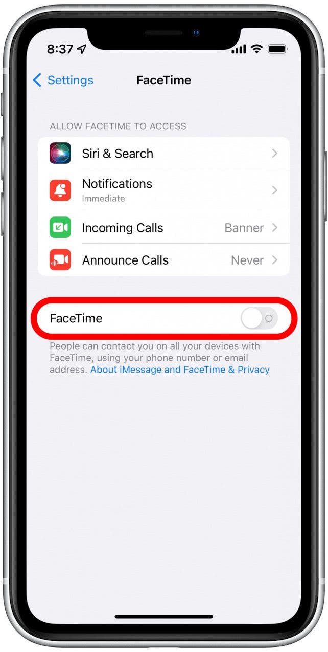 If FaceTime is turned off, tap the toggle to turn it on.