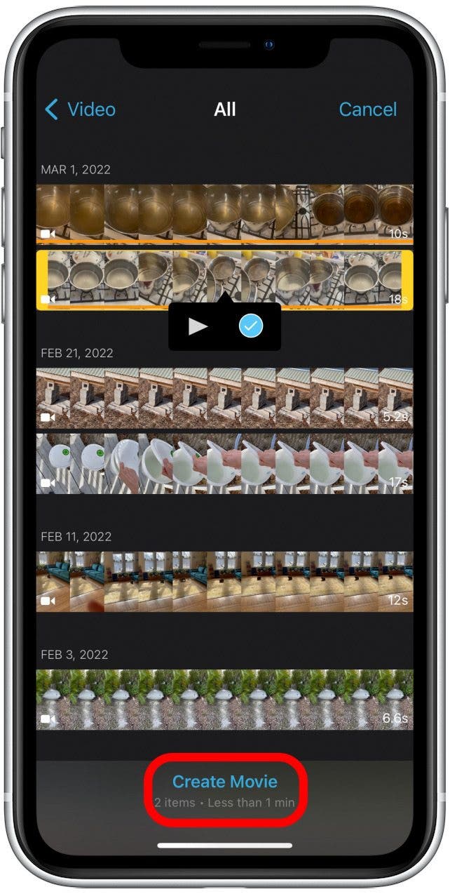 When you have all the desired video clips checkmarked, tap Create Movie at the bottom of the screen. Beneath this you can see the number of items you have checkmarked, and the total length of the combined video.