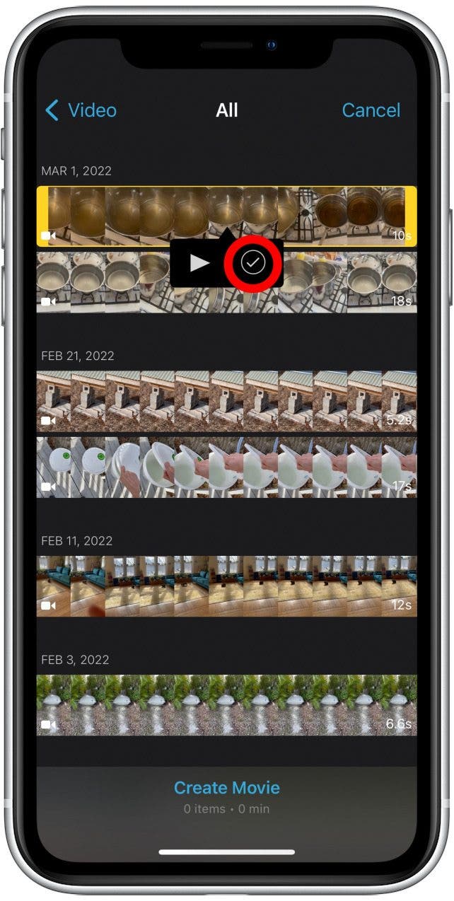 Tap the checkmark to add the selected video to your project. You can also tap the play button to watch the video if you want to double-check that it’s the one you want.