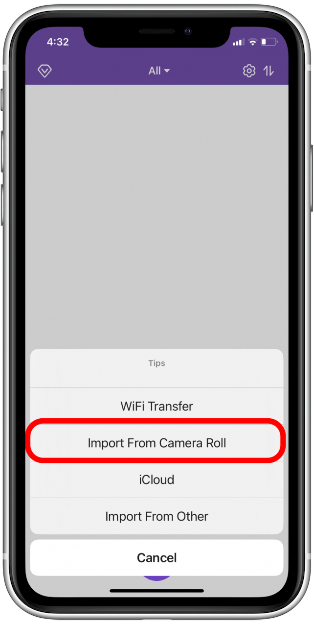 Tap the appropriate option for where your video file is located. For this example I will use a file from Camera Roll.