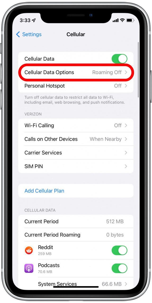 Tap Cellular Data Options