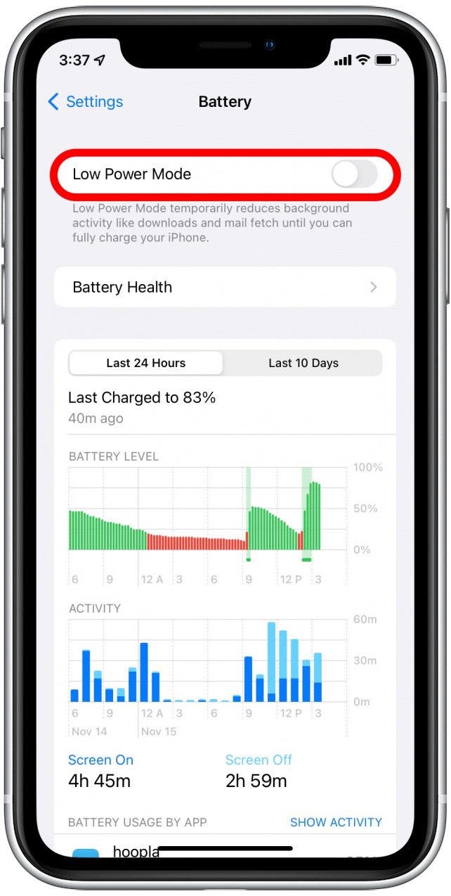 Toggle off Low Power Mode