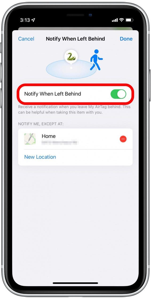 Toggle Notify When Left Behind on or off