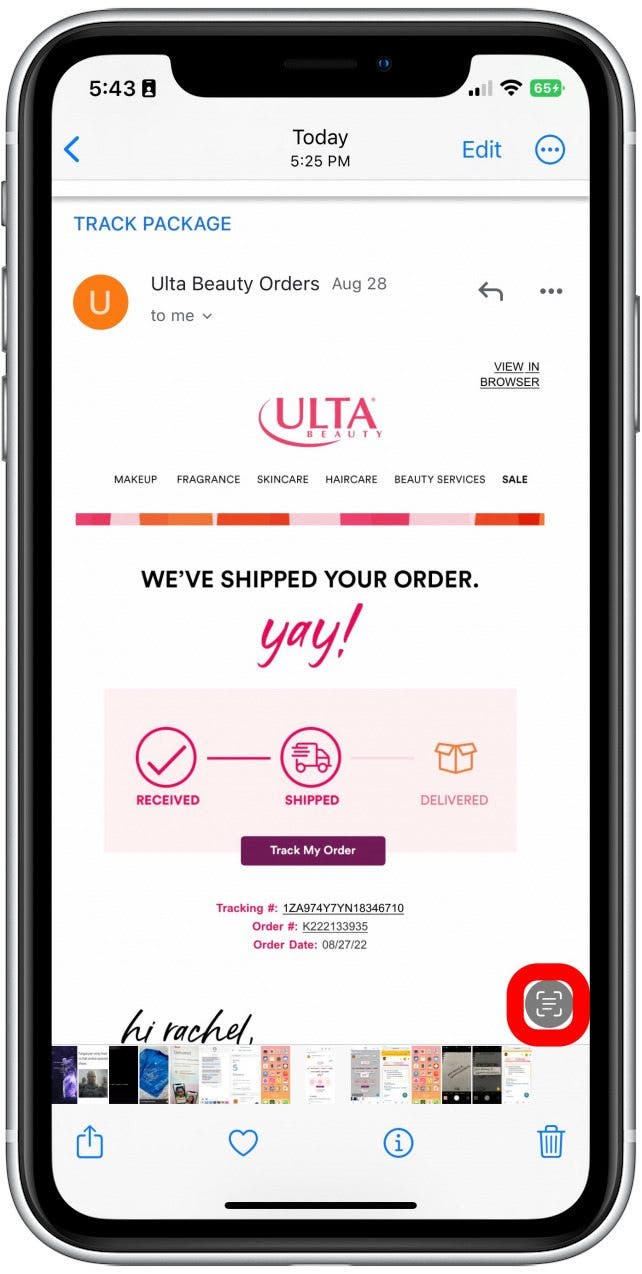 After you've pulled up the image with the tracking number, tap the Live Text button in the bottom right corner.