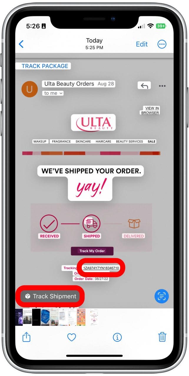 Often, the Track Shipment button will appear automatically. If it does not appear, tap the part of the image where the tracking number is located.