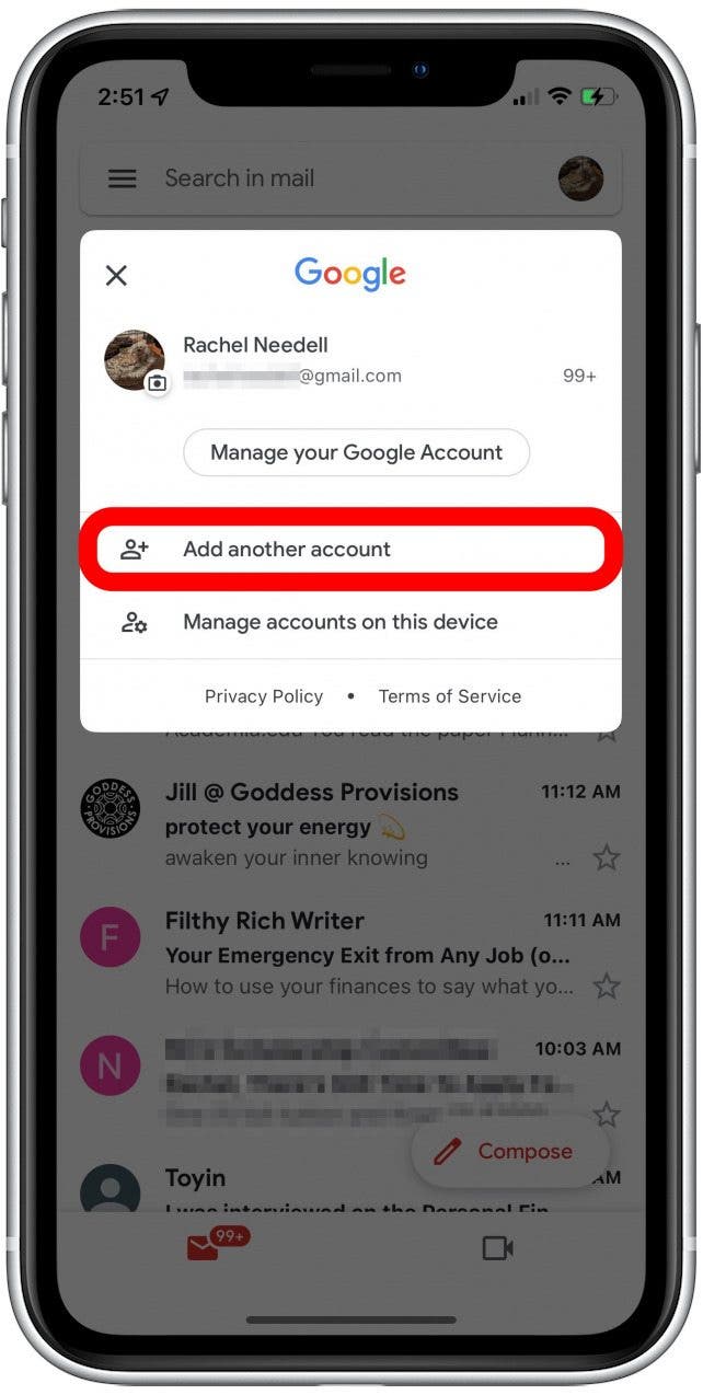 tap on add account in the gmail app