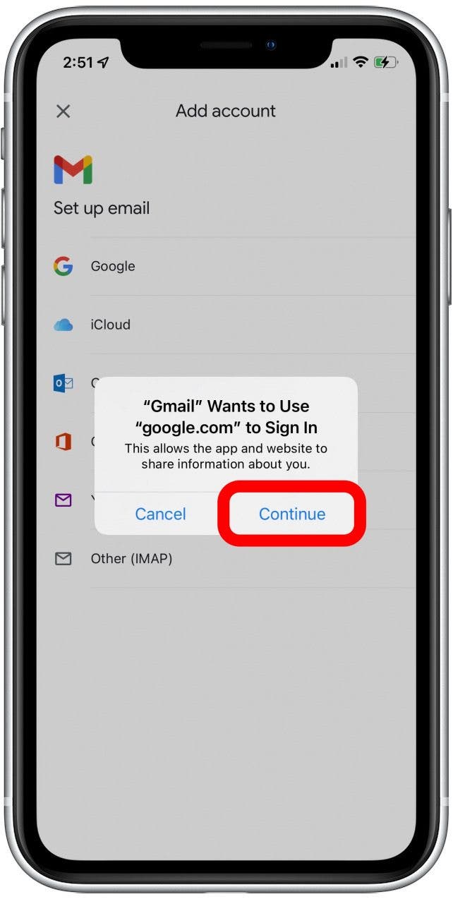 tap continue to add another gmail account