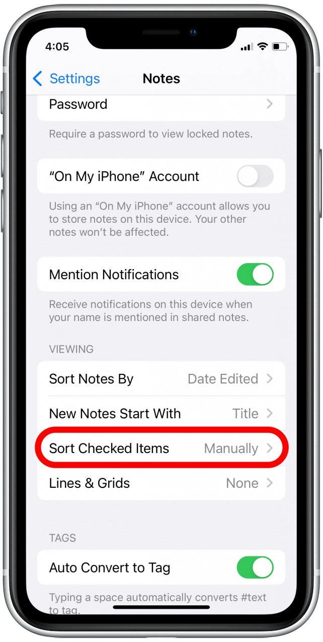 Scroll down and tap on Sort Checked Items. This will allow sorting by checklist box. 