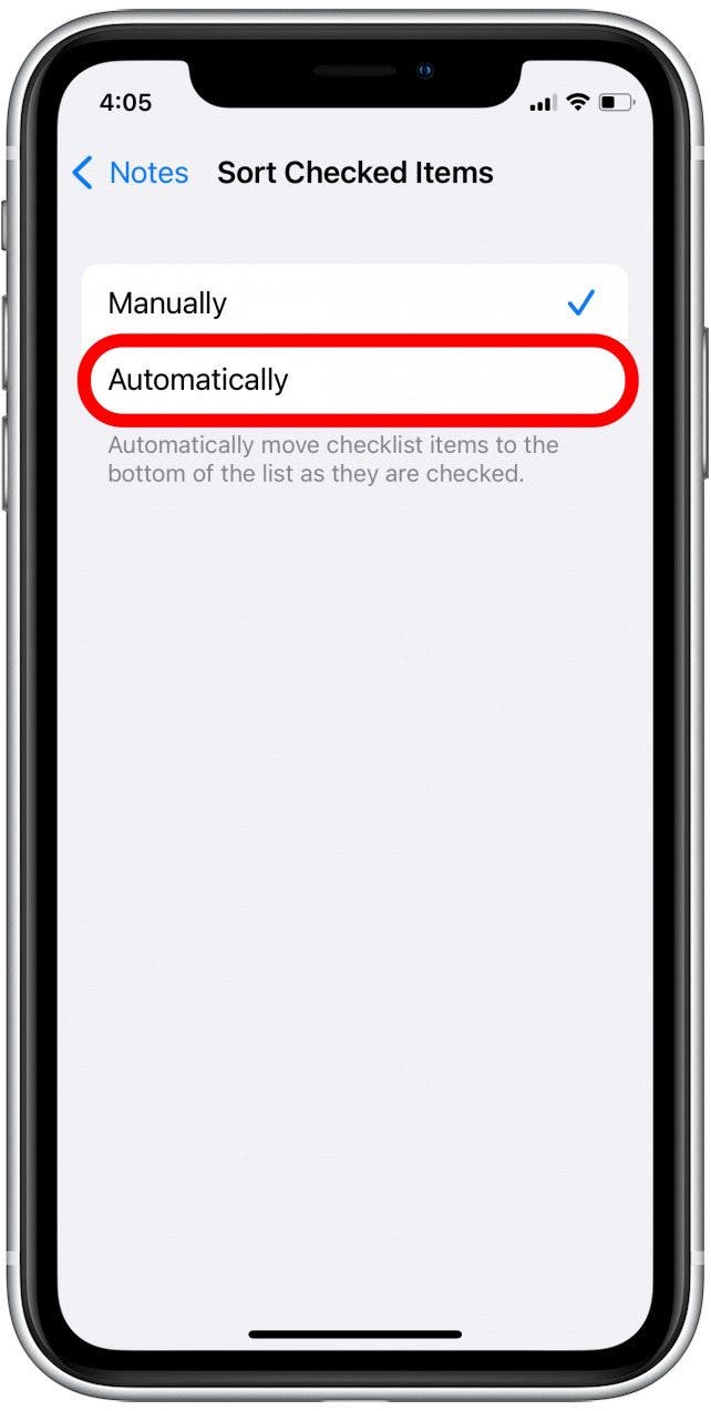 Tap to sort checked items Automatically. Now your checklist notepad in the Notes app will move checked items to the bottom. 