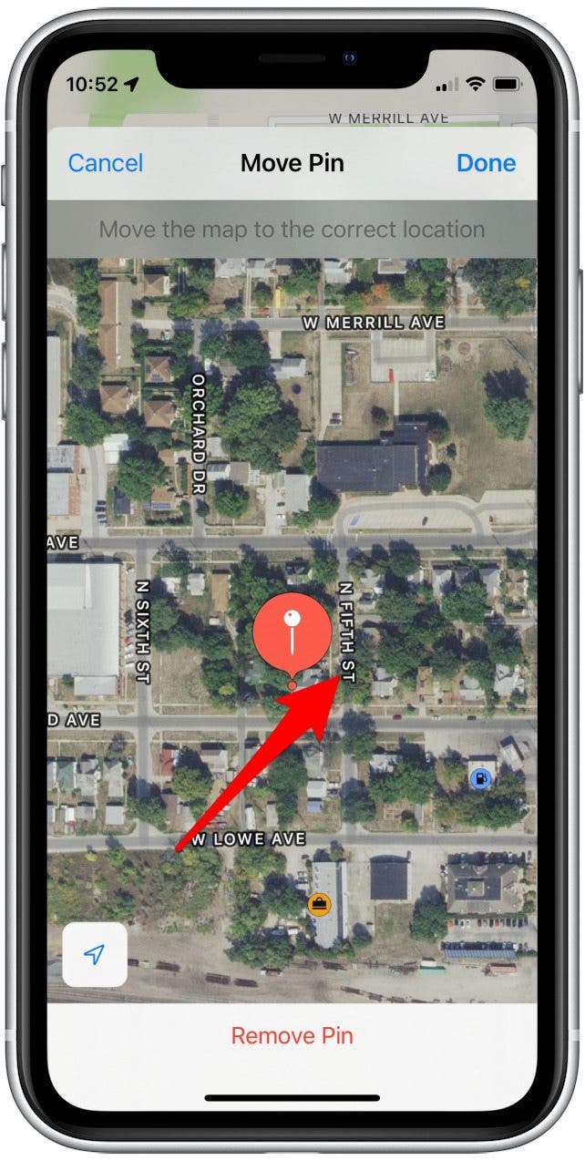 Press anywhere on the satellite view map and drag the map so as to place the pin on exactly the desired location.