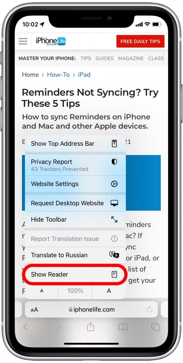 Tap Reader View - Safari print without ads